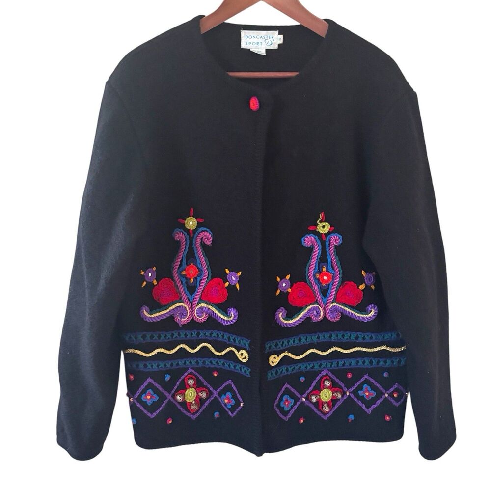 Vintage Womens Holiday Wool Sweater Jacket Size Small S Black Artsy Colorful 80s